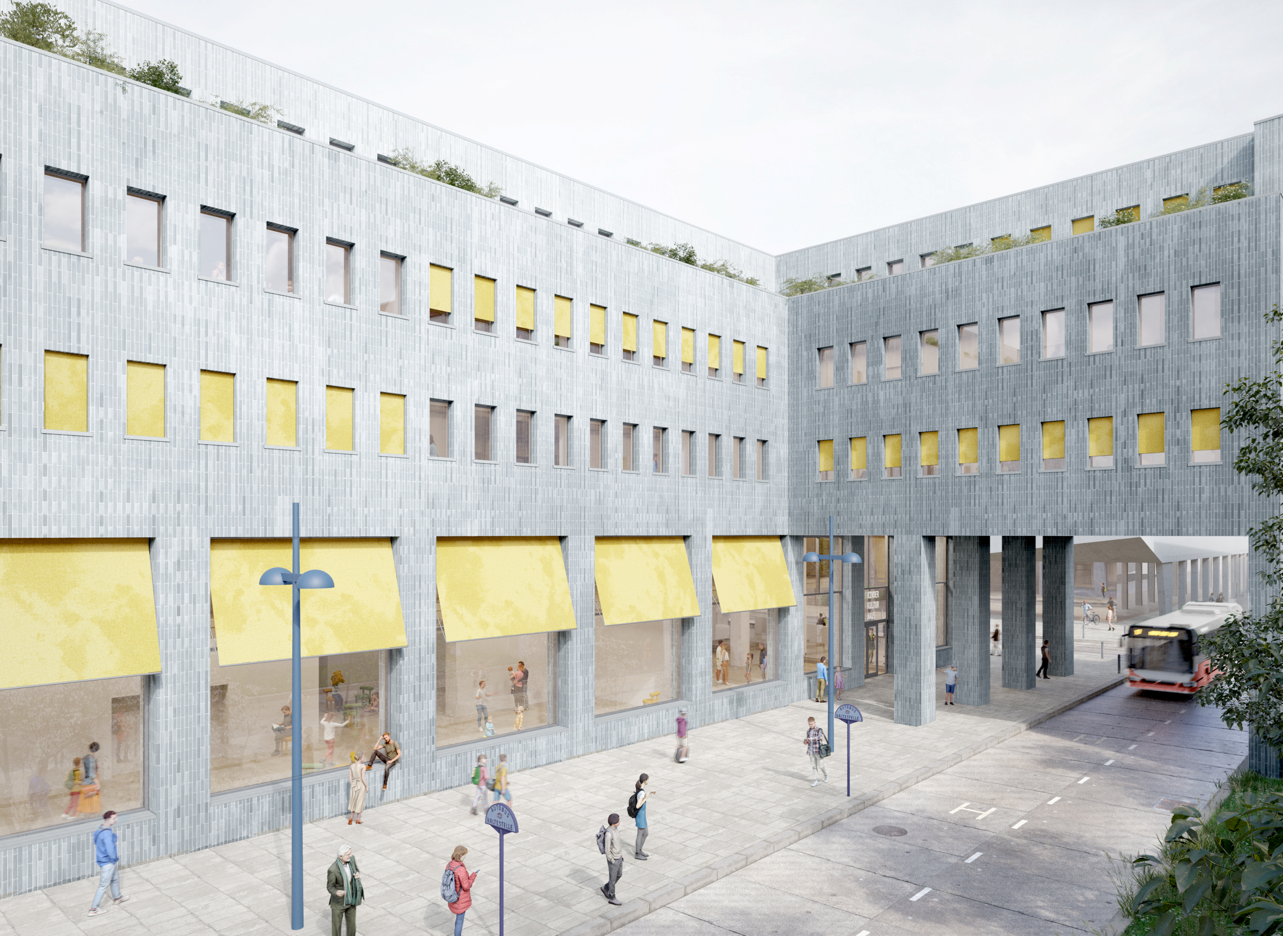 Ansicht des alten Gebäudes mit Glasfront und Durchgang.